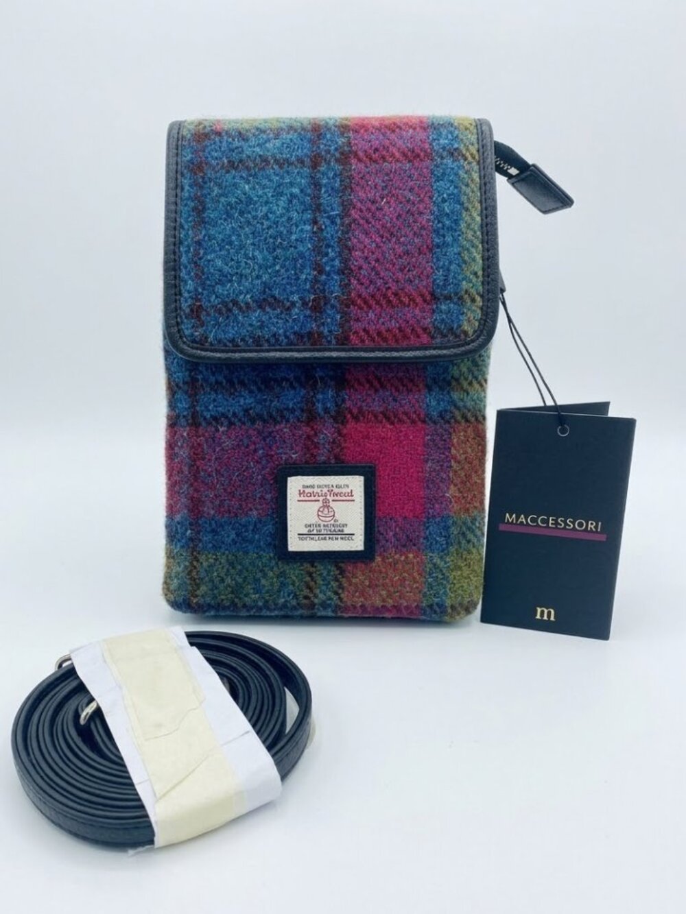 NWT Maccessori Harris Tweed Plaid Mini Crossbody Bag Blue Pink